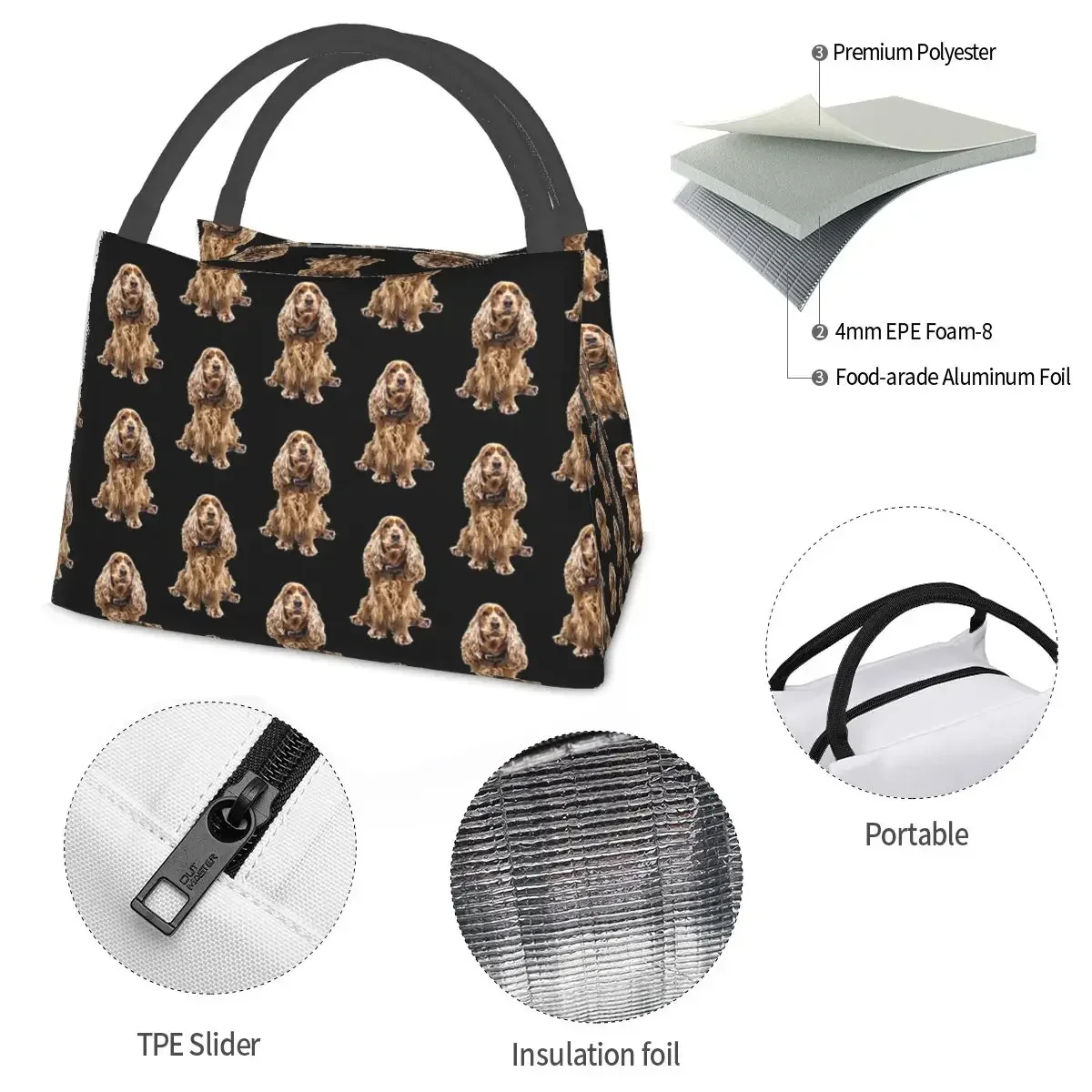 Cocker Spaniel-bolsas de almuerzo con aislamiento para mujer y niña, Bento Box, impermeable, reutilizable, térmica, para pícnic