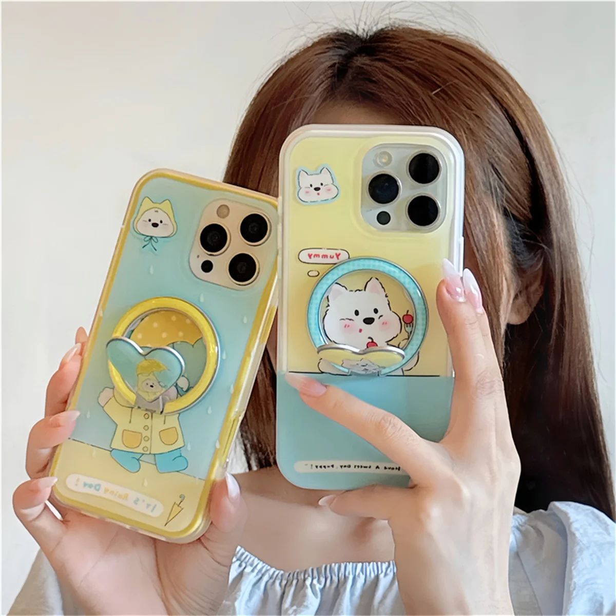 

Korean Cute Cartoon Puppy Magnetic Phone Case For iPhone 16 Pro 15 14 Pro Max Cover with Love Stand Holder For Magsafe Cases