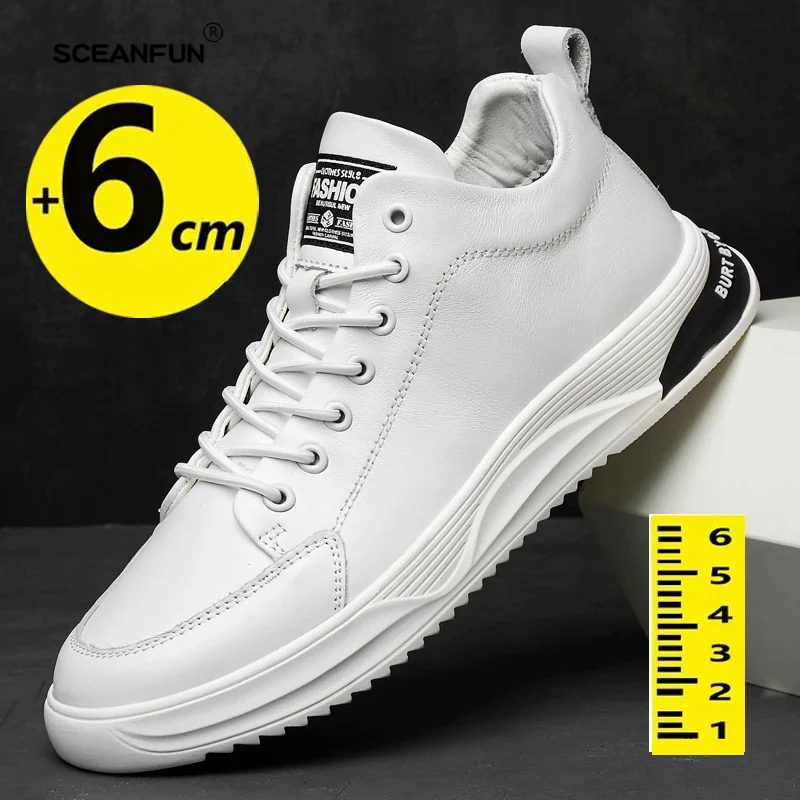 Genuine Leather elevator shoes for men 6cm Spring Summer Hollow height increasing shoes breathable casual lift sport sneakers