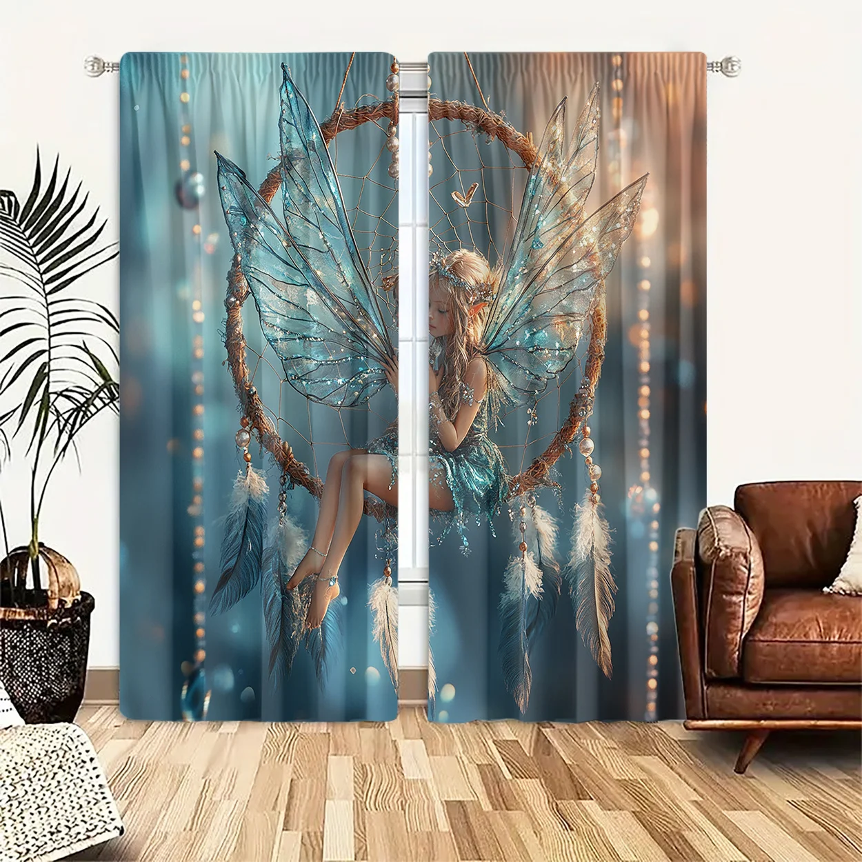 Dreamcatcher Crystal Wing Fairy Curtain 2 Panels, Glowing Bokeh Bead Feather Elf Blue Gradient Print, Drapes for Bedroom Curtain