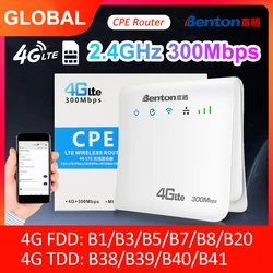 Benton 4G LTE WiFi 라우터 SIM 카드 슬롯이있는 300Mbps 2.4G WiFi CPE 무선 라우터 4G SIM 라우터 모뎀 유럽 한국 버전