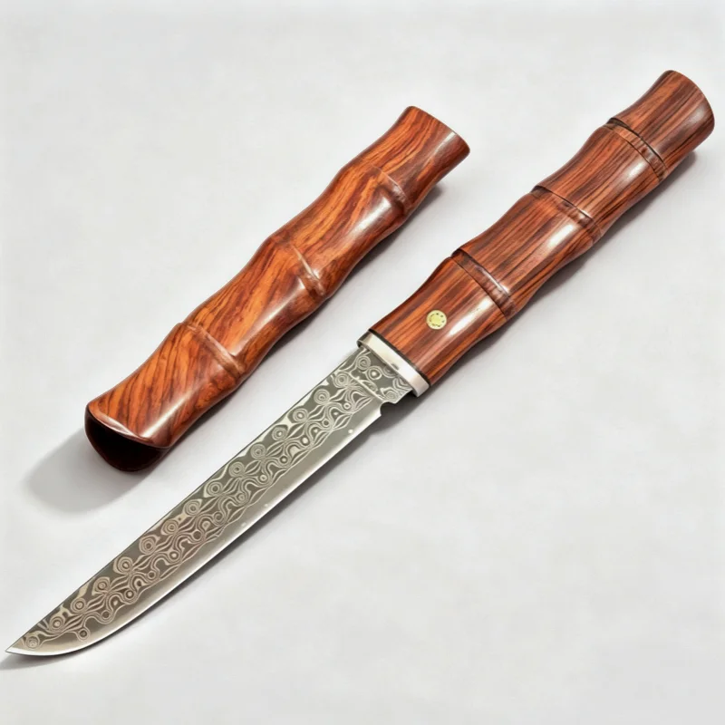 Hand Forged Damascus Steel Fixed Blade Knife Bamboo Structure Wood Handle With Matching Wood Scabbard For Outdoor EDC Collection