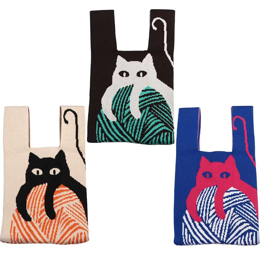 Trend ige Sommer bindung Katze Cartoon große Kapazität Kosmetik tasche Aufbewahrung tasche Strickt asche Frauen Handtasche Handgelenk Tasche Umhängetasche