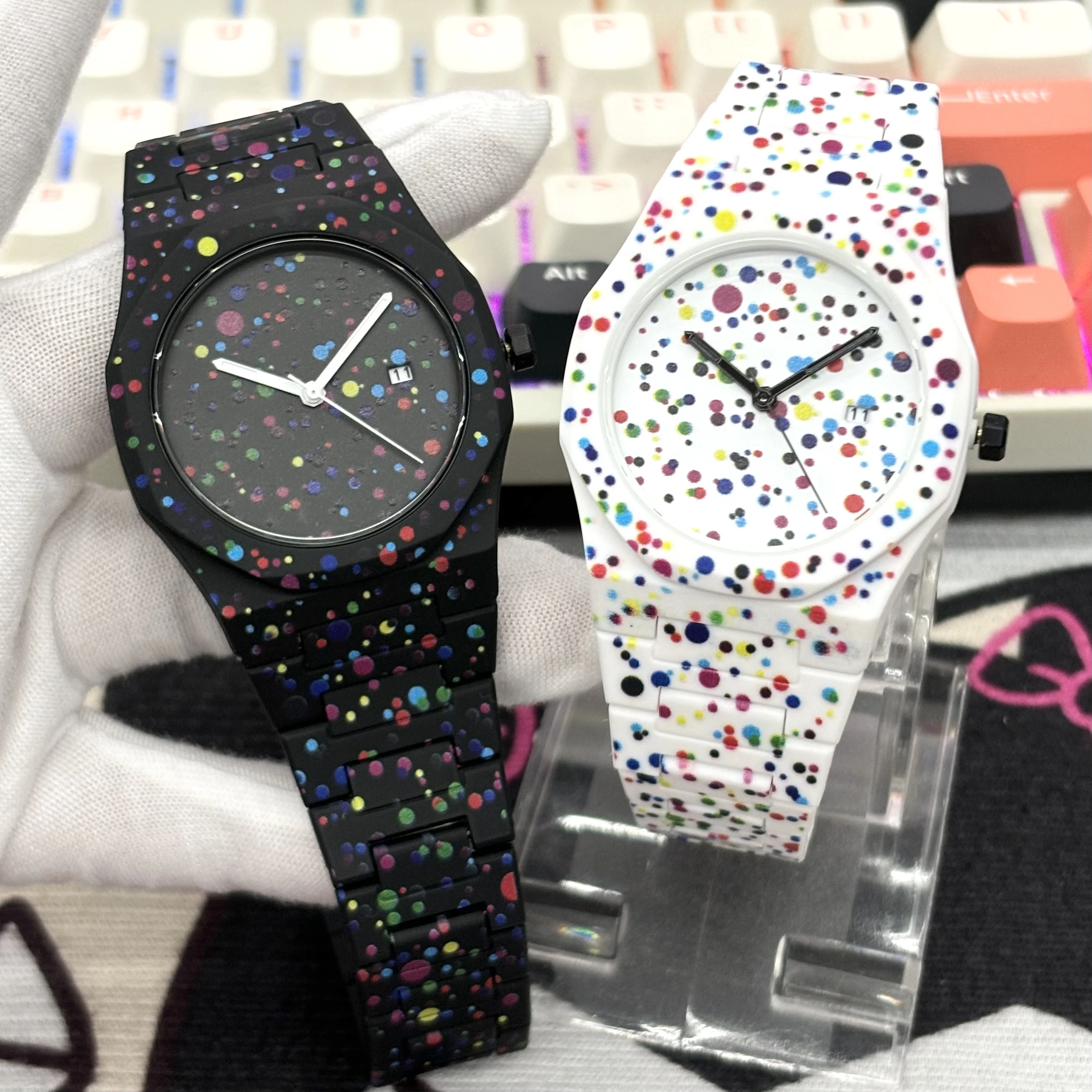 창의적인 디자인 폴리 도트 시계 남성 패션 스포츠 쿼츠 시계 컬러 페인트 시계 폴리카보네이트 방수 여성용
