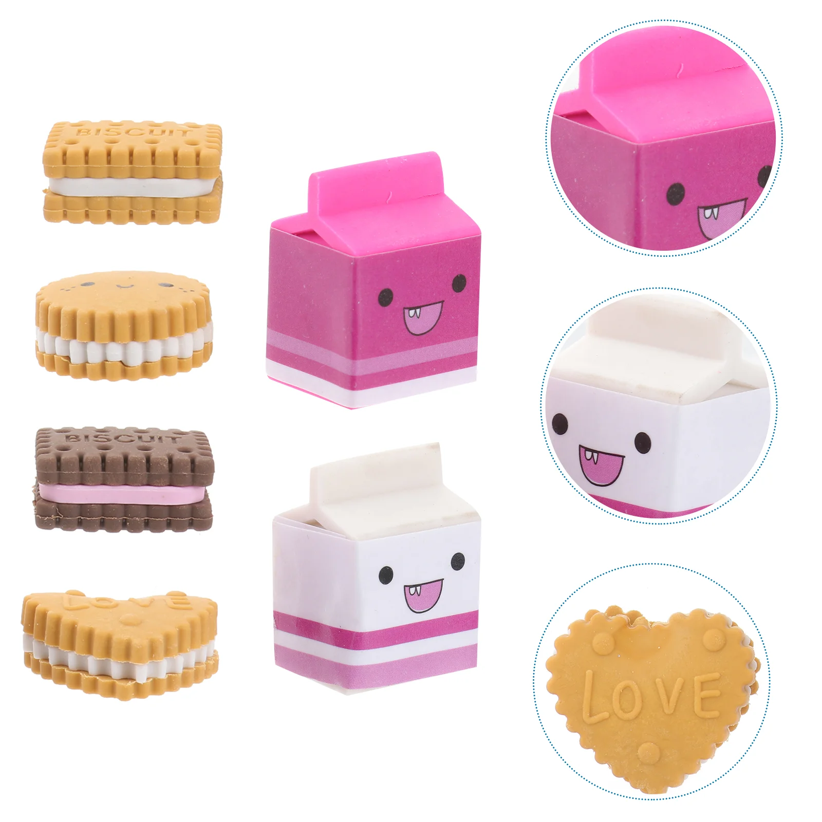 6 Pcs Stationery Store Japanese Kawaii Korean Eraser School Supplies Novelty Erasers Nice Creative Cookies Milk