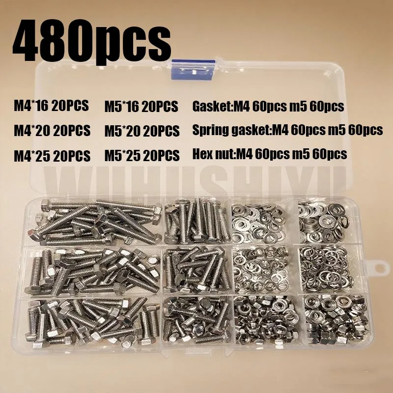 M4/M5 240/480 قطعة مجموعة متنوعة من مسامير الرأس والسداسية المصنوعة من الفولاذ المقاوم للصدأ: خيط كامل، مع غسالات. مكسرات سداسية. مناسبة لـ Va