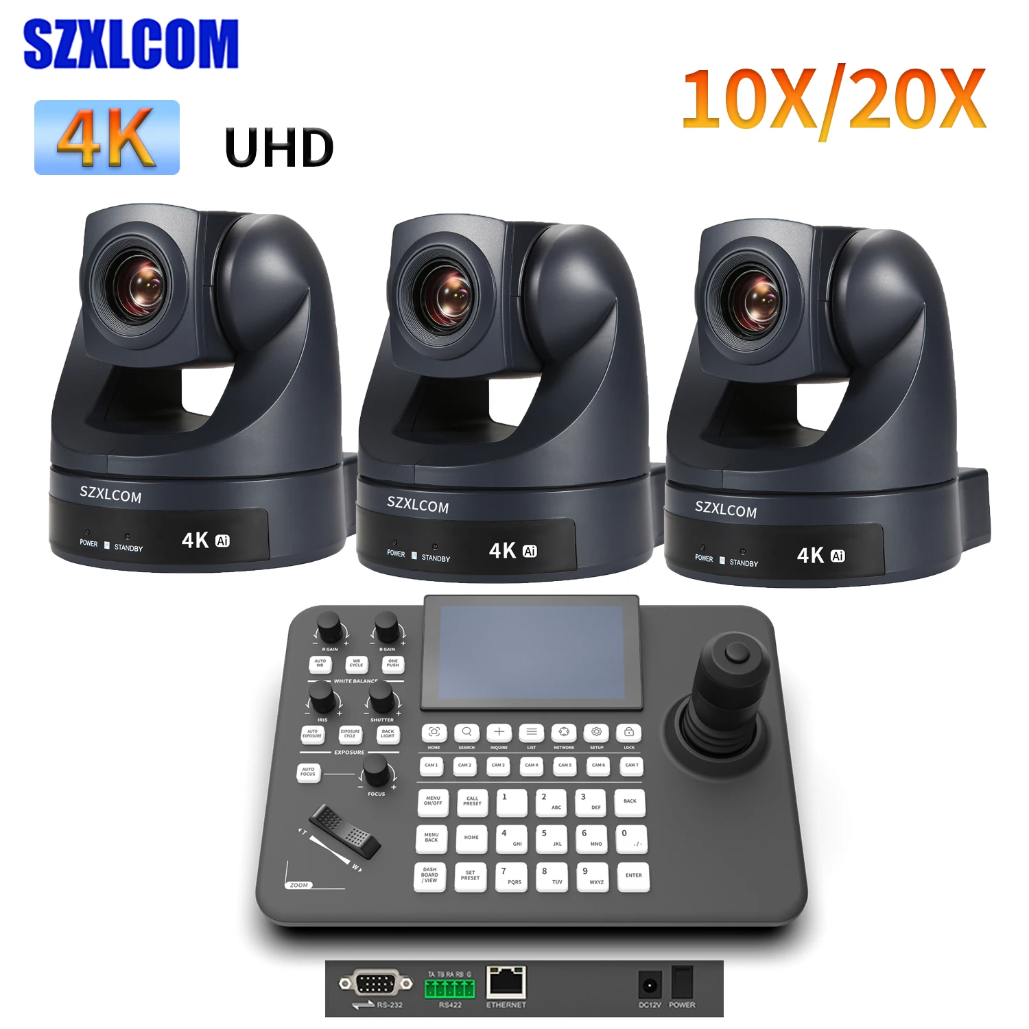 4K PTZ Camera 3-Pack Kit 10X/20X Optical Zoom Auto Focus + PTZ Controller 1-Touch - HDMI Output with No Preview Display