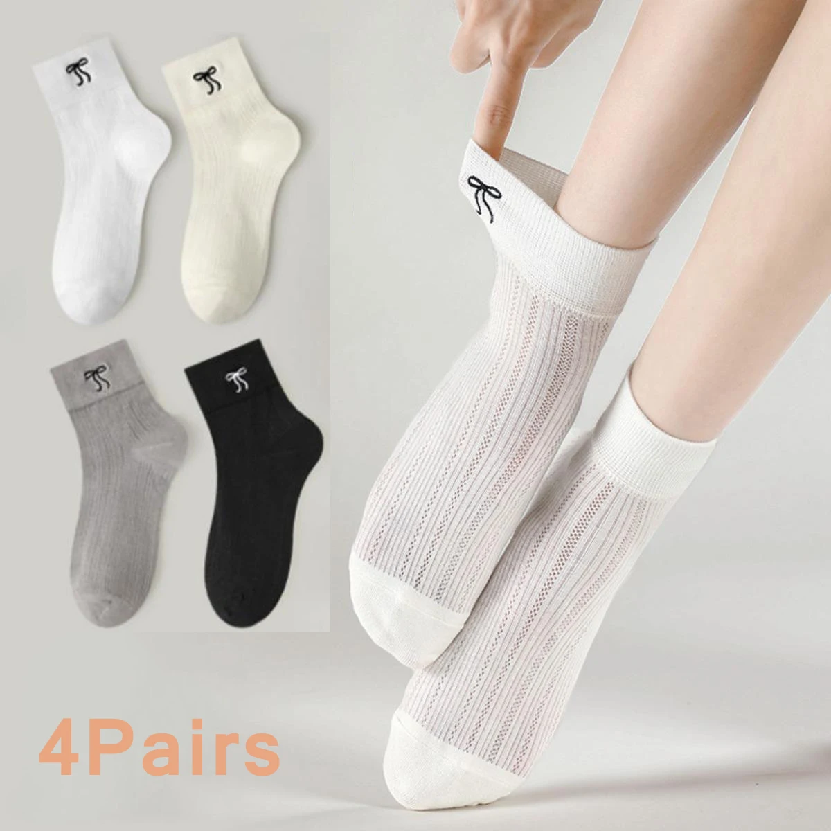 

4 пары женских милых коротких носков для девочек, однотонные носки с галстуком-бабочкой, летние дышащие мягкие удобные повседневные носки