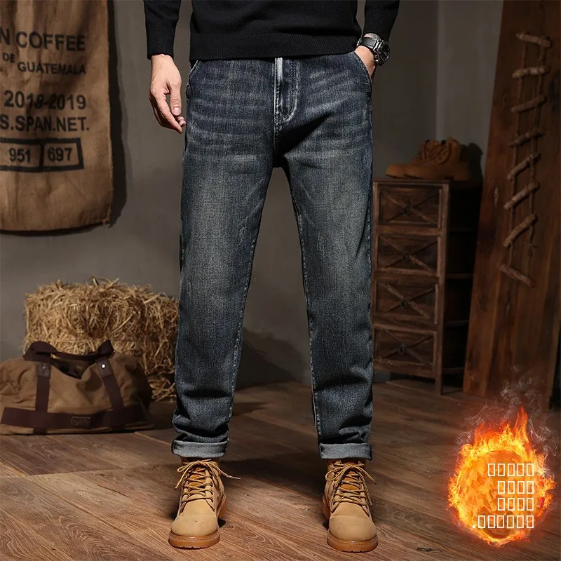 

Retro Winter Thiened Fce Men's Jeans Straight Leg Casual Warm Velvet Long Pants Youth Trendy Classic Fit Medium Waist