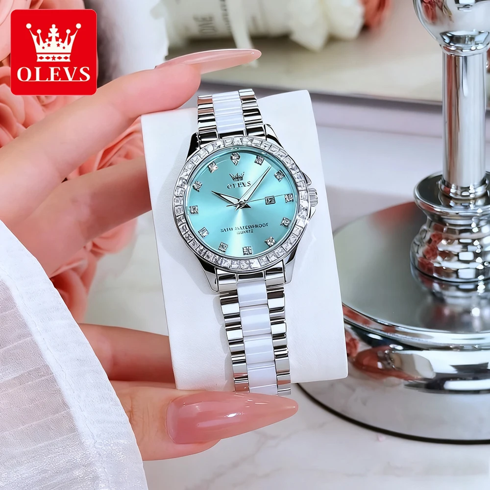 OLEVS ساعات نسائية أنيقة موضة السيراميك حزام الزركون الحافة الأصلية كوارتز ساعة اليد مقاوم للماء مضيئة تاريخ 3651 reloj