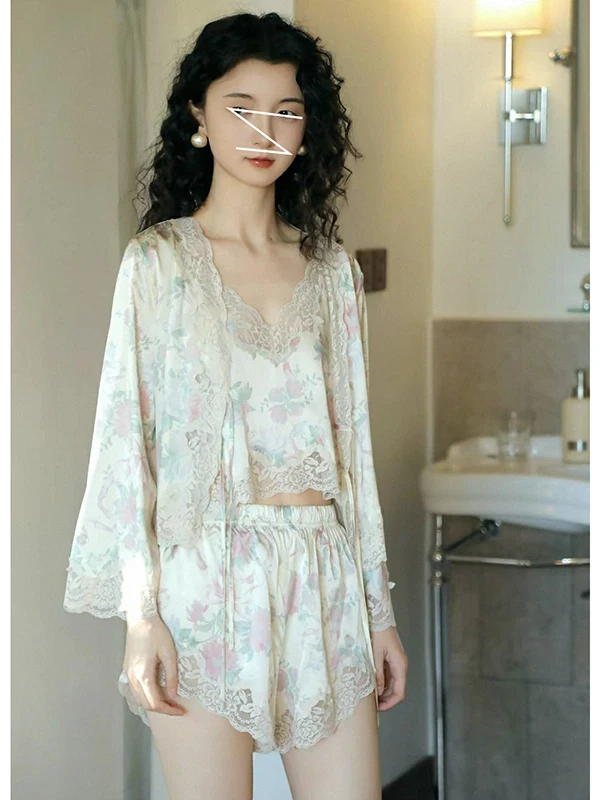 fensee-high-end-sleepwear-set-with-lace-trim-short-cardigan-print-satin-wide-leg-pants-v-neck-long-sleeve-home-comfort-suit