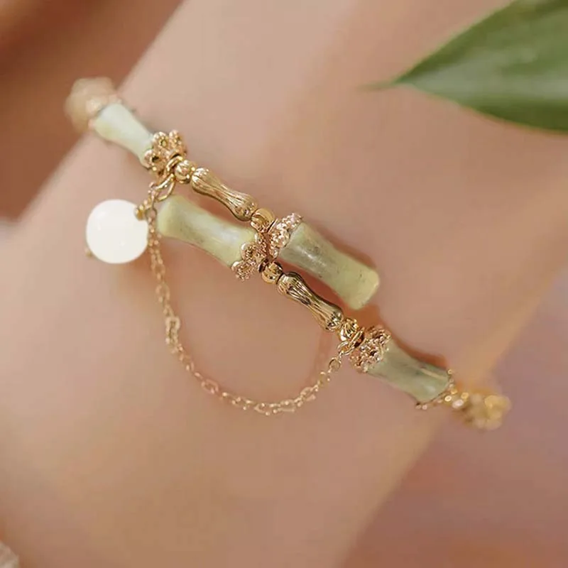 

2024 Trend Green Jade Bamboo Joint Bracelet for Women Men Romantic Lily of the Valley Pendant Chain Party Gift Fashion Jewelry