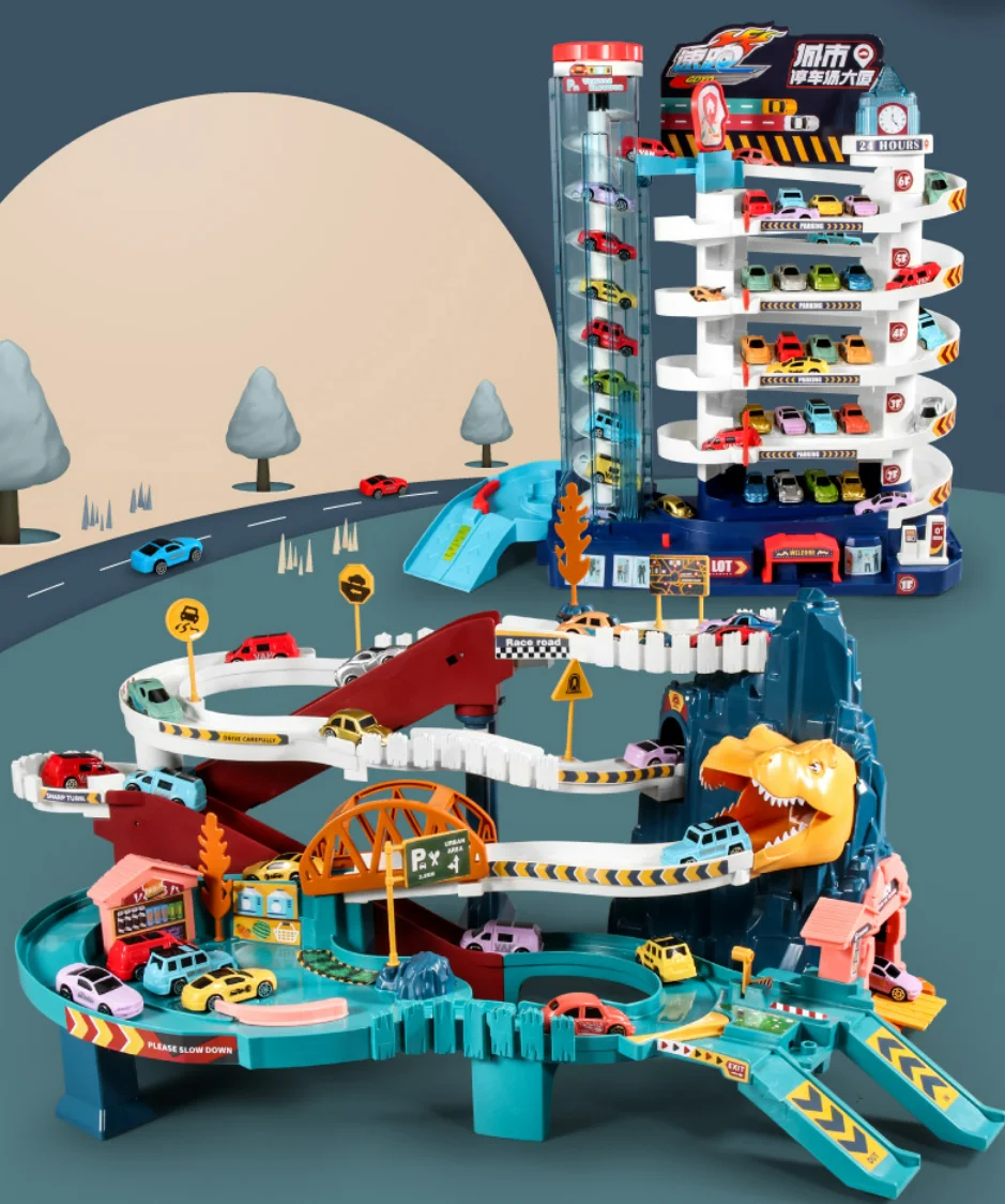 Dinosaur Mountain Road Rail Car Small Train Through The Big Adventure Car Parking Lot Children's Toy Boy Parent-Child Stickers