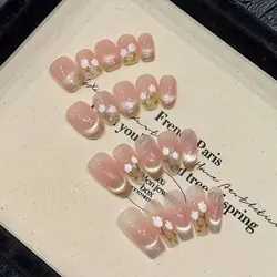 Handmade French Nude Cat Eye Press on Nails Spring Tulip Print Sweet Korean False Nails Wearable Reusable Sweet Girl Fake Nails