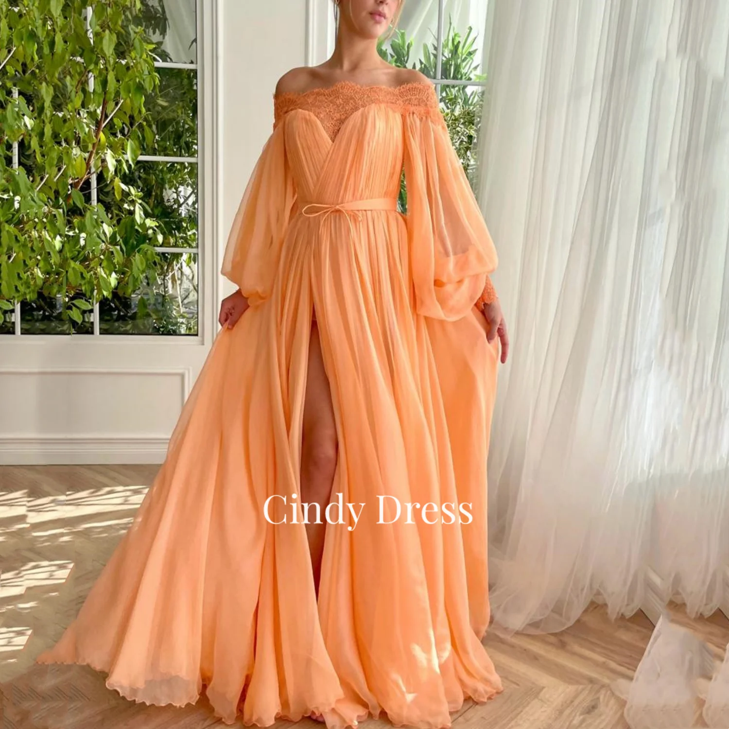 

Cindy Orange A-line Puff Sleeves Slit V-neck Formal Dresses Evening Weddings Long Luxury Elegant Party Dress for Women 2023 Gown