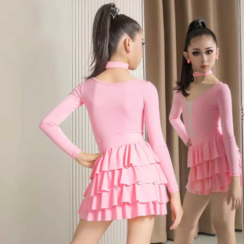 Costumes de danse latine pour enfants, body à manches longues et jupes de gâteau d'entraînement, vêtements de danse Rumba pour salle de bal
