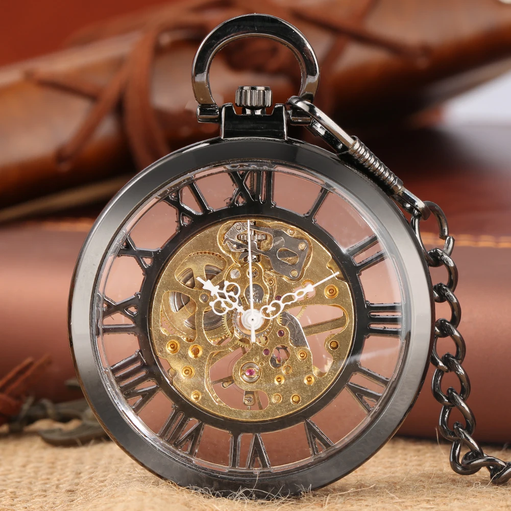 Zwart open gezicht handmatig mechanisch zakhorloge transparant glas holle Romeinse cijfers wijzerplaat retro modeketen hanger klok