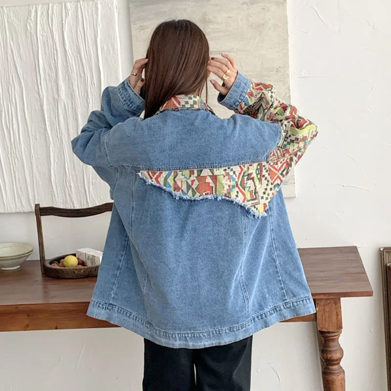 Vintage Harajuku Ethnischen Stil Kontrast Farbe Patchwork Blau Denim Jacke Casual Revers Langarm Frühjahr Neue Weibliche Kleidung