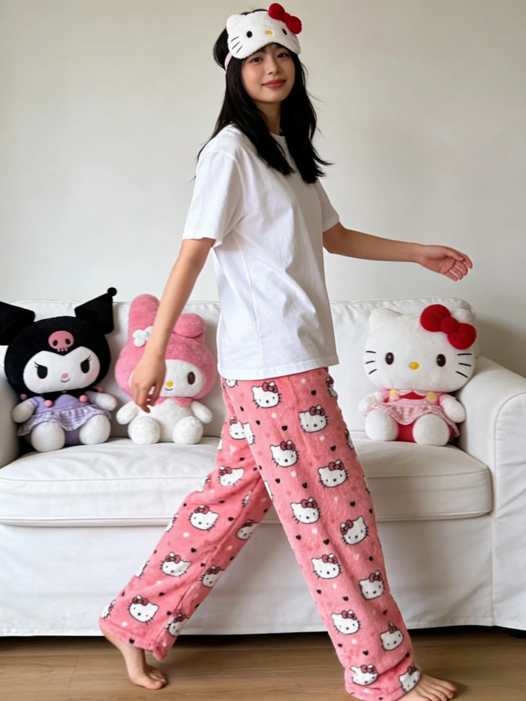 Hello Kitty Flannel Sleep Pants, Rose-colored Warm Lounge Pants, Stylish Strolling Pants for Parties! Ideal Holiday Gift!