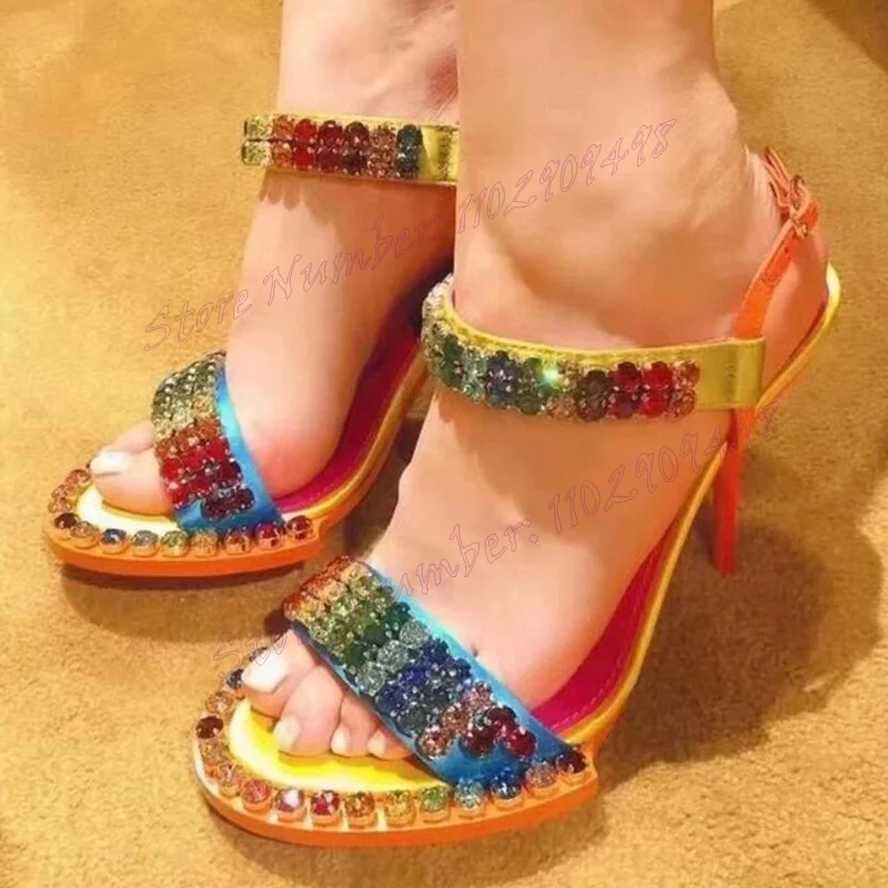 Mixed Color Crystal Round Toe Sandals Ankle Strap Cut Heels Shoes for Women Thin High Heels Sexy Shoes 2024 Zapatos Para Mujere