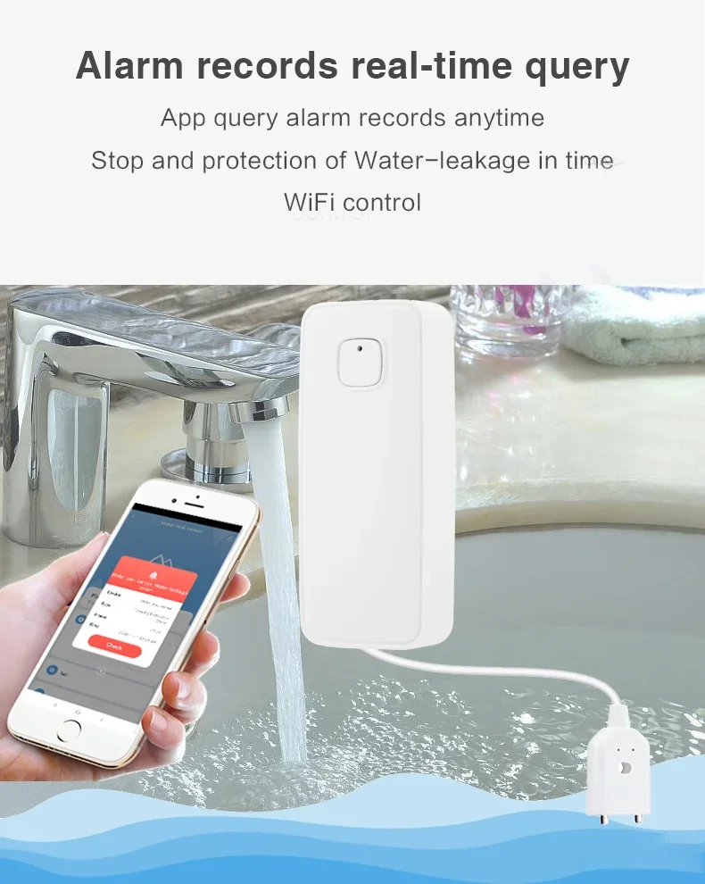 WiFi Water Leakage Alarm Detector Battery Powered with Tuya Smart Life App Water Sensor with 1m Cable 2.4G Network No Need Hub