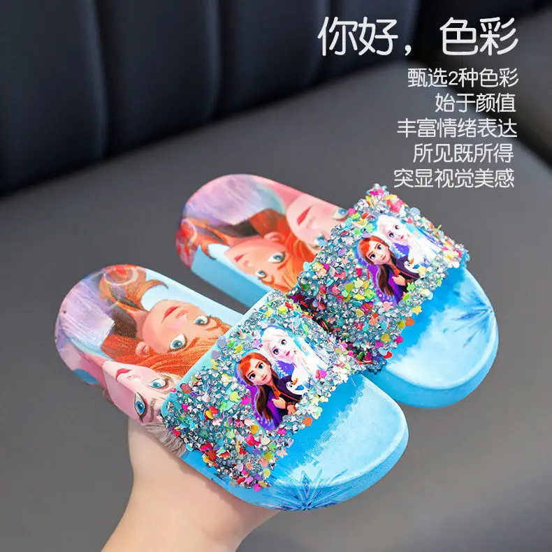 Disney Bling pantofole ragazze bagni Cartoon Frozen Princess Elsa sandali Summer Beach scarpe da pavimento per la casa dei bambini regali per bambini