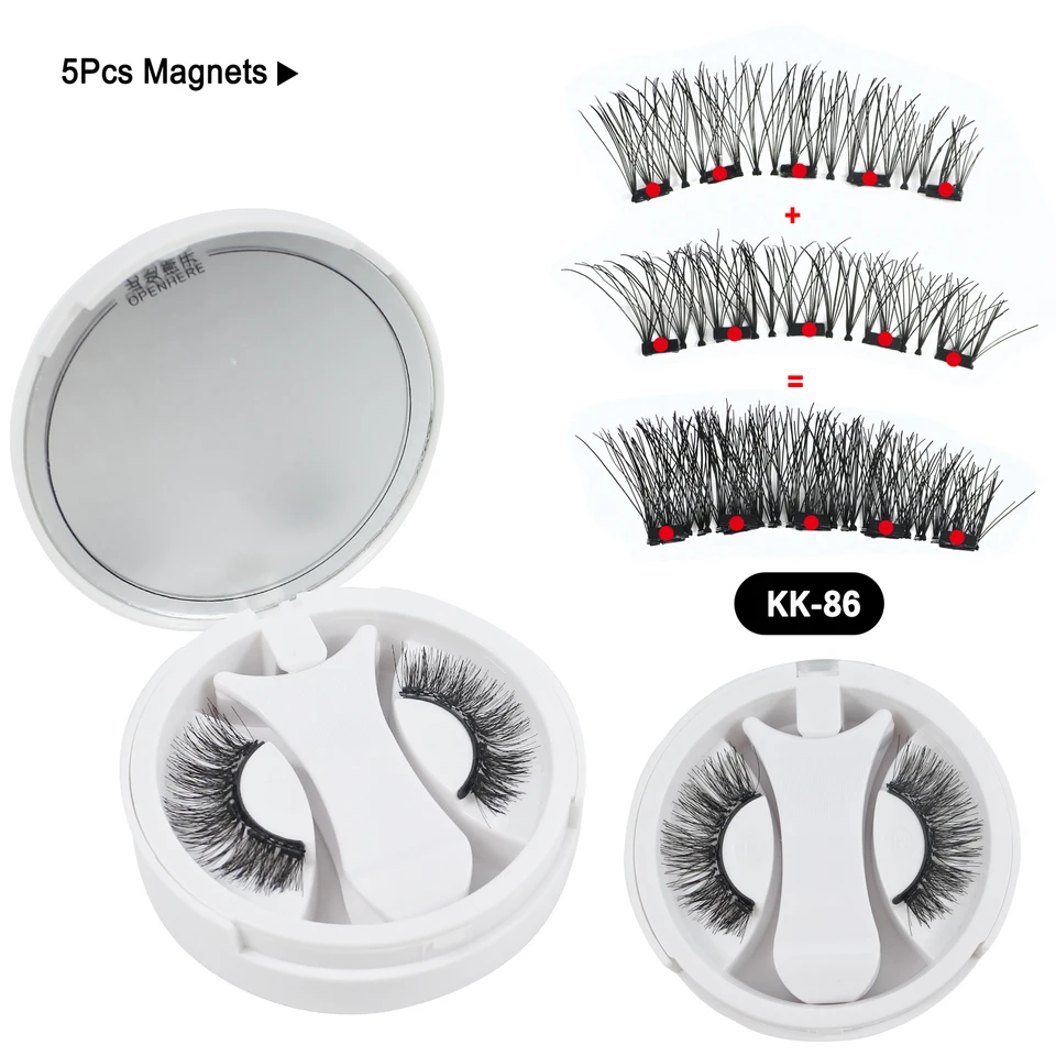 5 imanes sin pegamento pestañas magnéticas 3D esponjosas de pelo sintético con estuche de espejo y aplicador 6