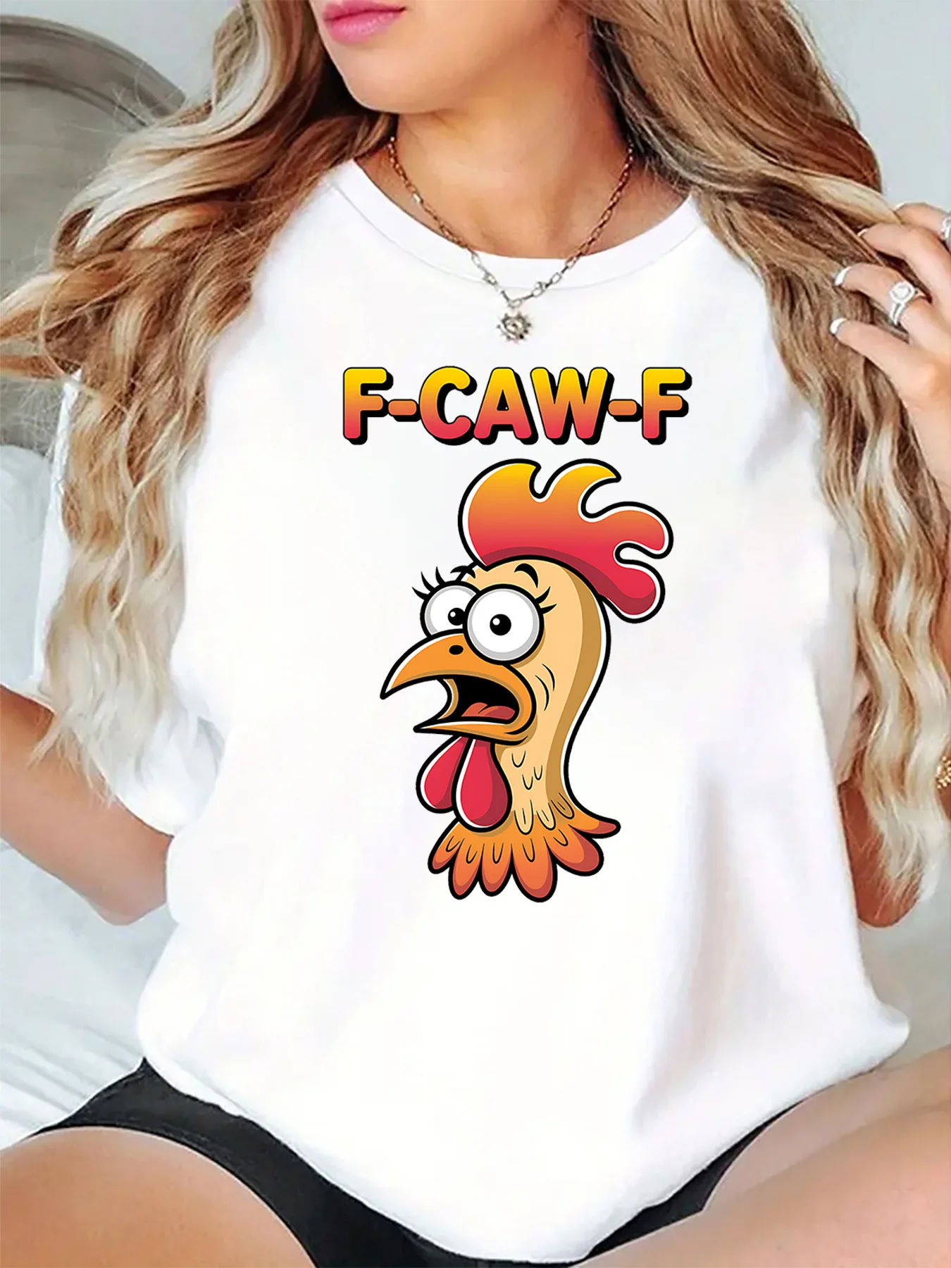 Womens O Neck Short Sleeve T Shirt F Caw F Funny Surprised Hen Head Cartoon Animal Humor Graphic Casual Daily Ladies Tops