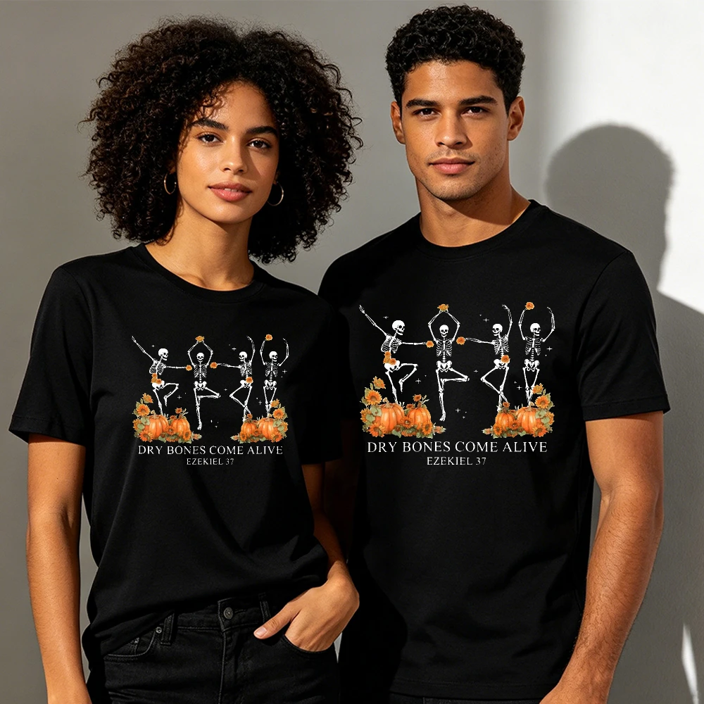 T-shirt d'été décontracté pour hommes et femmes, motif floral citrouille squelette dansant, inspiré de l'Ézékiel 37 : Les os se réveillent, foi religieuse, collection automne