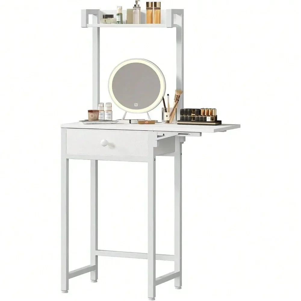 

White Vanity Desk With Fold Panel Fabric Drawer, No Mirror Small Makeup Table For Bedroom, Easy Assembly