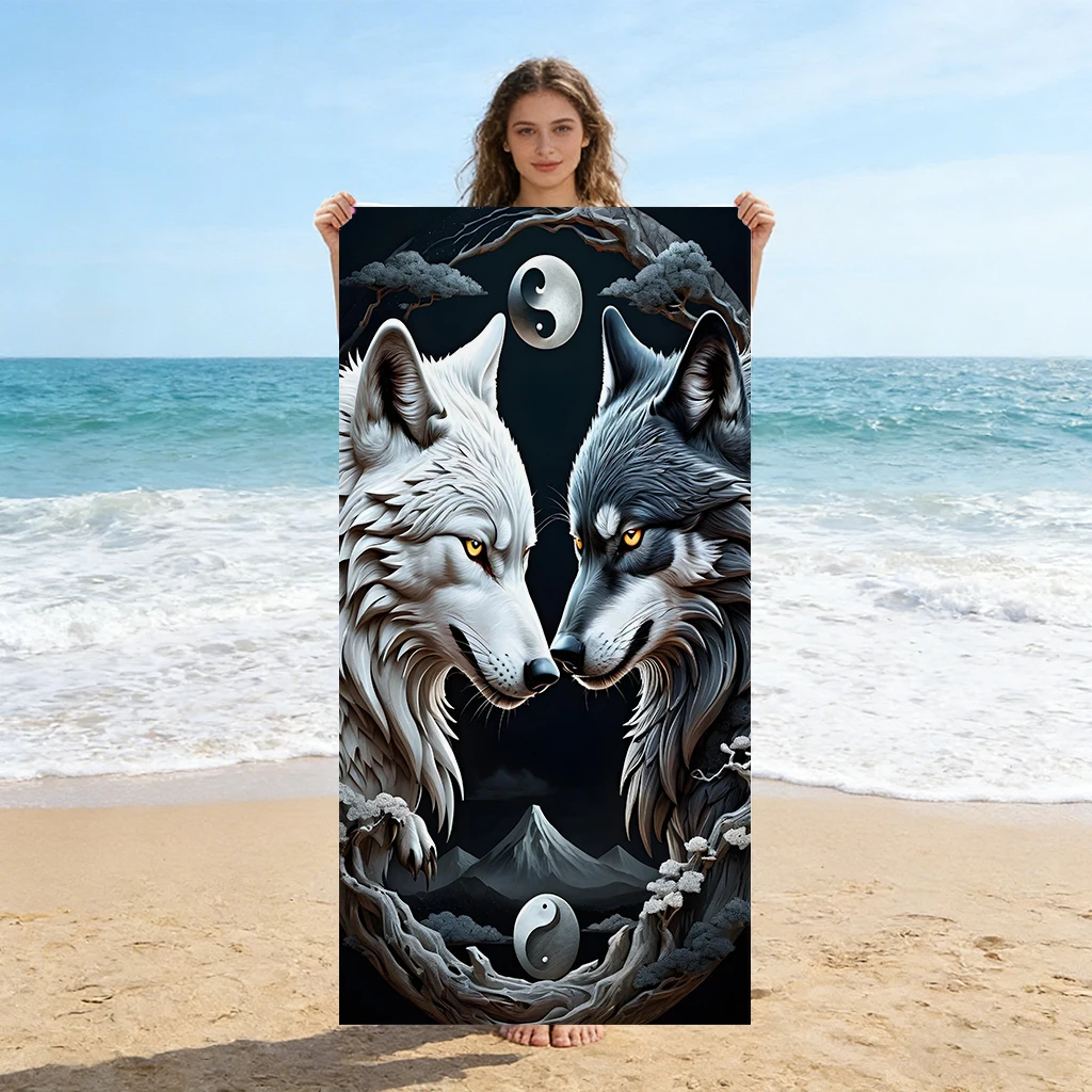 Toalla de playa Double Wolves Tai Chi, toalla de secado rápido adecuada para piscina junto al mar, camping, vacaciones, Yoga, para familiares y amigos, 1 ud.