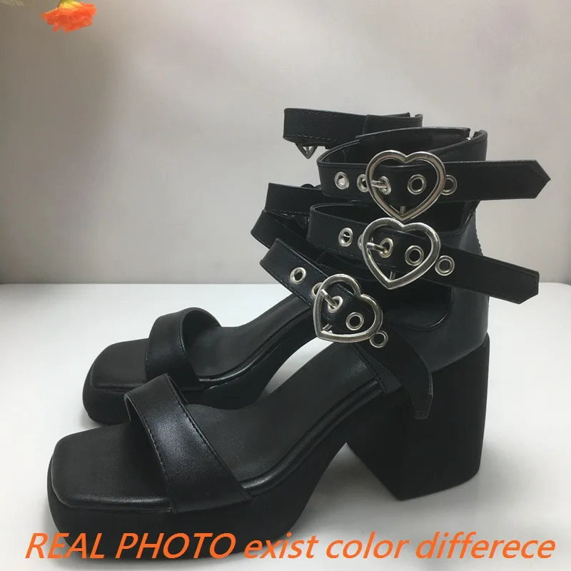 REAVE CAT Fashion Women Sandals Toe Chunky High Heels 8cm Platform Belt Buckles Decor 41 Daily Shoes