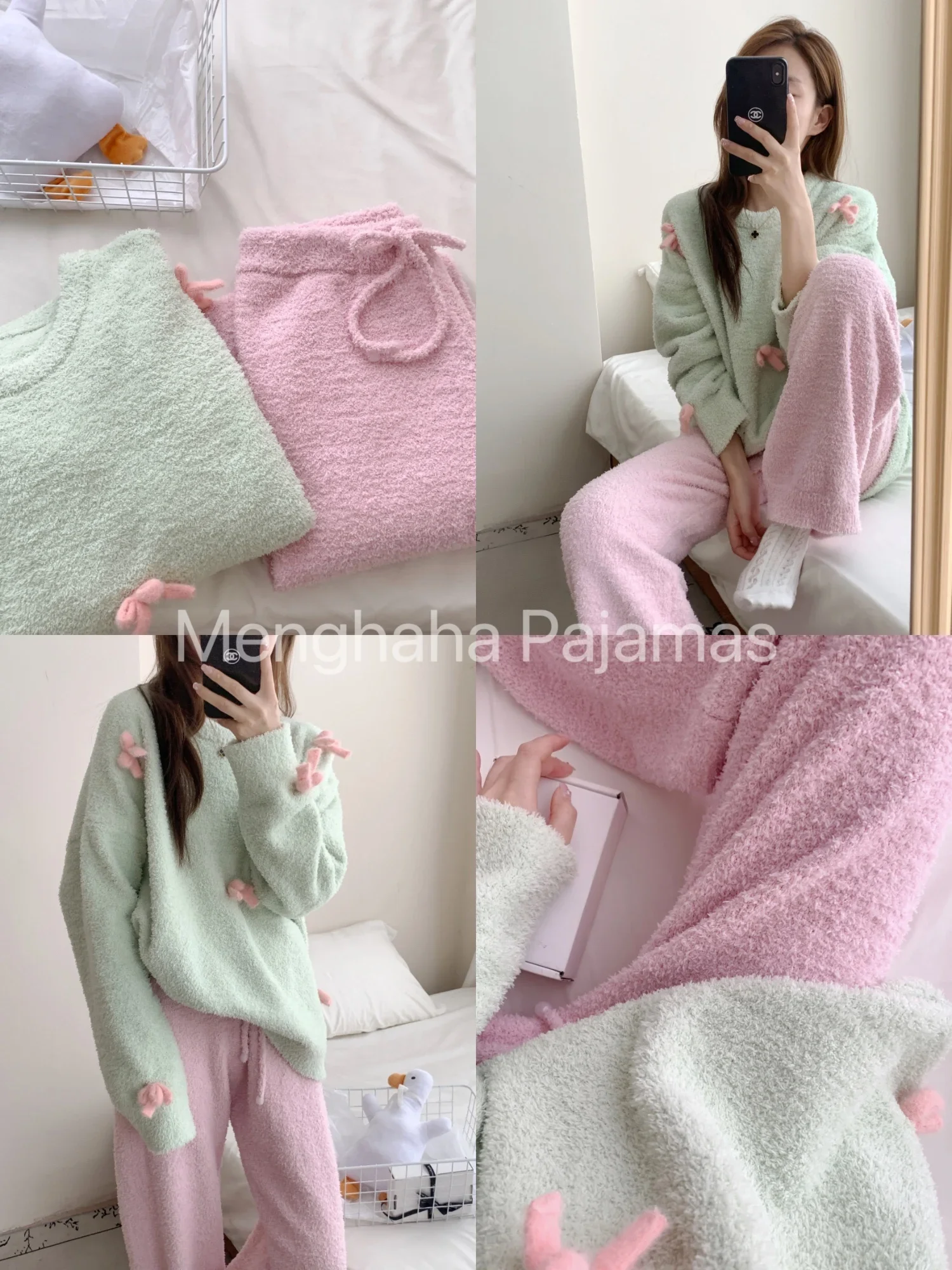 Candy Color Soft Pajamas Women Autumn and Winter Thickened Sweet Bow Coral Fleece Long Sleeve O Neck Home Clothing 2pcs