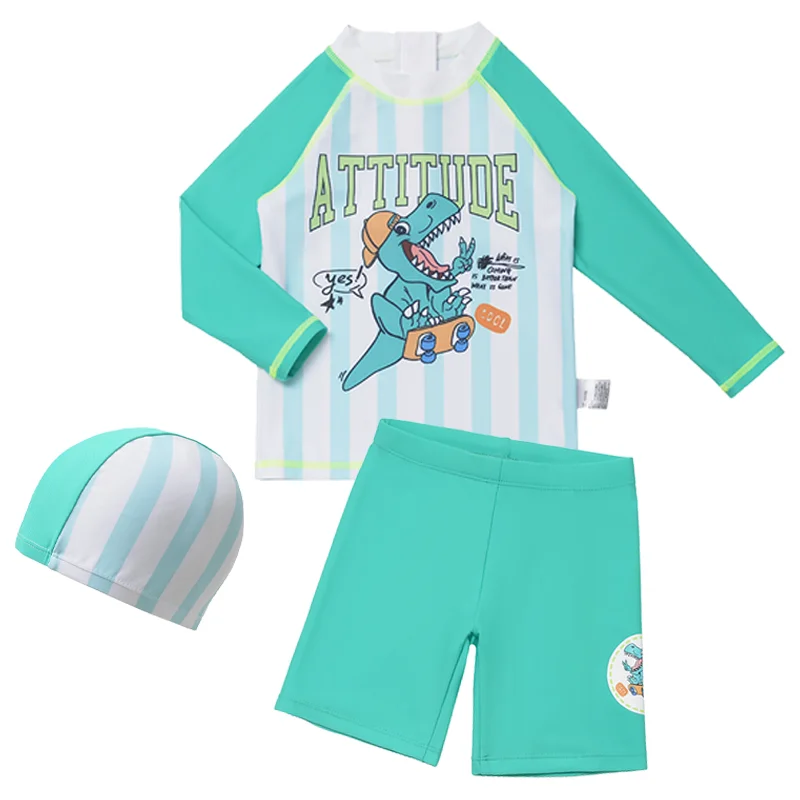 

3 PCS SET Boys Swimsuit Rash Guard Boys' Swimwear Dinosaur Swimming Suits Bathing Suit for Toddler Boys Swim Trunk with hat