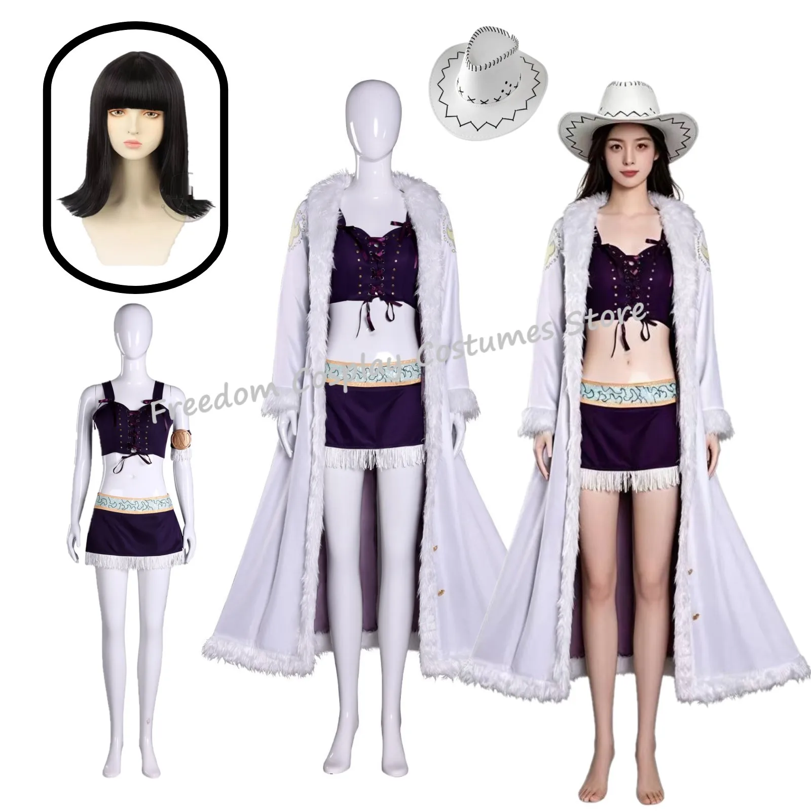 NEWAnime Movie Nico Robin Cosplay Costume wig Purple Dress Uniform Long Fur Collar White Cloak Punk Outfit Women Halloween suit