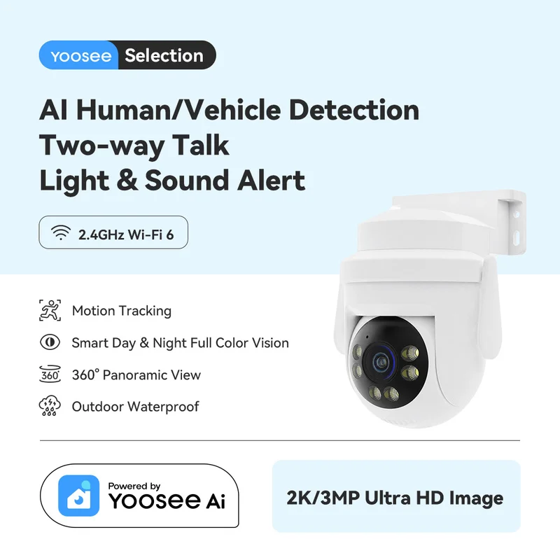 Outdoor Security Camera 2K 3MP 360° WiFi6 PTZ Two-Way Audio Gesture Baby Cry Fire Detection 256GB Cloud