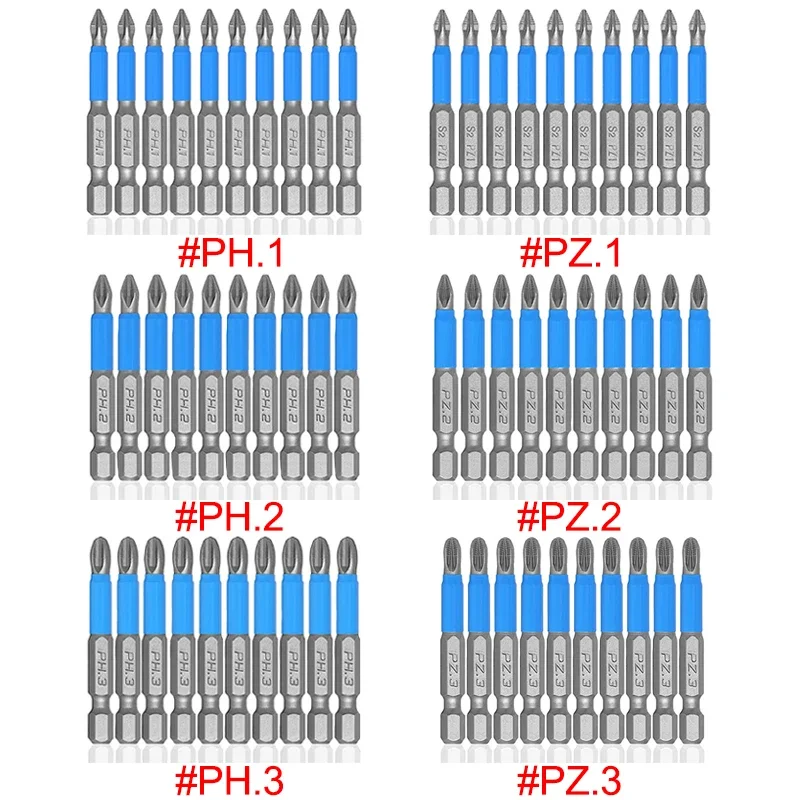 1Pcs 50mm Anti Slip Screwdriver Bits Magnetic Single Head PH1 PZ1 PH2,PZ2,PH3 PZ3 S2 Steel Electric Tool Phillips Bit Hex Shank
