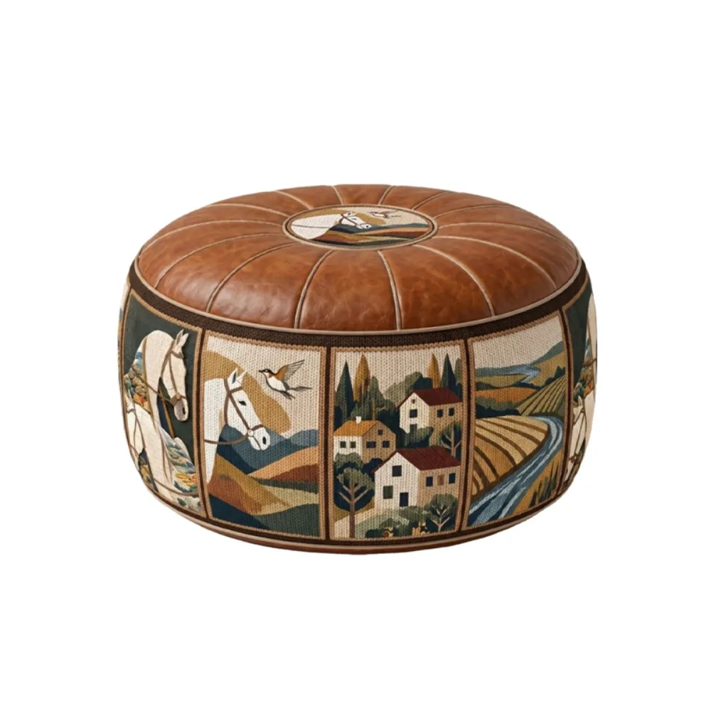 PU Leather Oil Painting Pattern Stool Cover Waterproof Unfilled Pouf Cover Large Capacity Rustic Style Clothes Storage Bag
