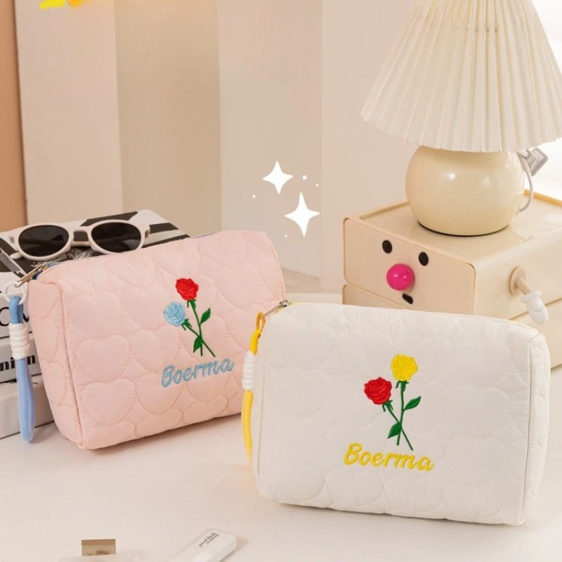 Embroidered Rose Makeup Bag for Women Large Capacity Tote Cosmetic Case Girl Travel Toiletry Organizer with Handles String