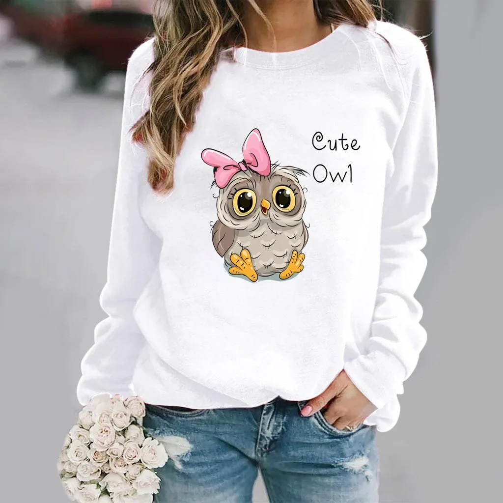 Women\'s Slim-fit Hoodie Fashion Owl Print White Long-sleeved Base Shirt for Women Sweatshirt  Aesthetic  Sweatshirts  Clothes