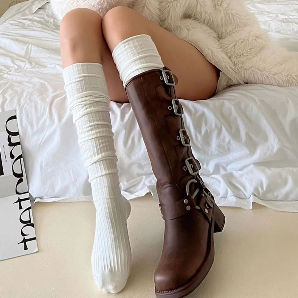1Pair Y2K Pure Cotton Knee-high Socks Solid Color Keep Warm Long Tight Socks Foot Warmers Fall Winter