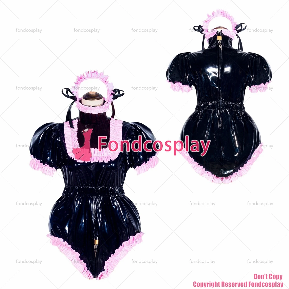 fondcosplay adult sexy cross dressing sissy maid short French 2 Lockable black heavy PVC Romper jumpsuits CD/TV[G4049]