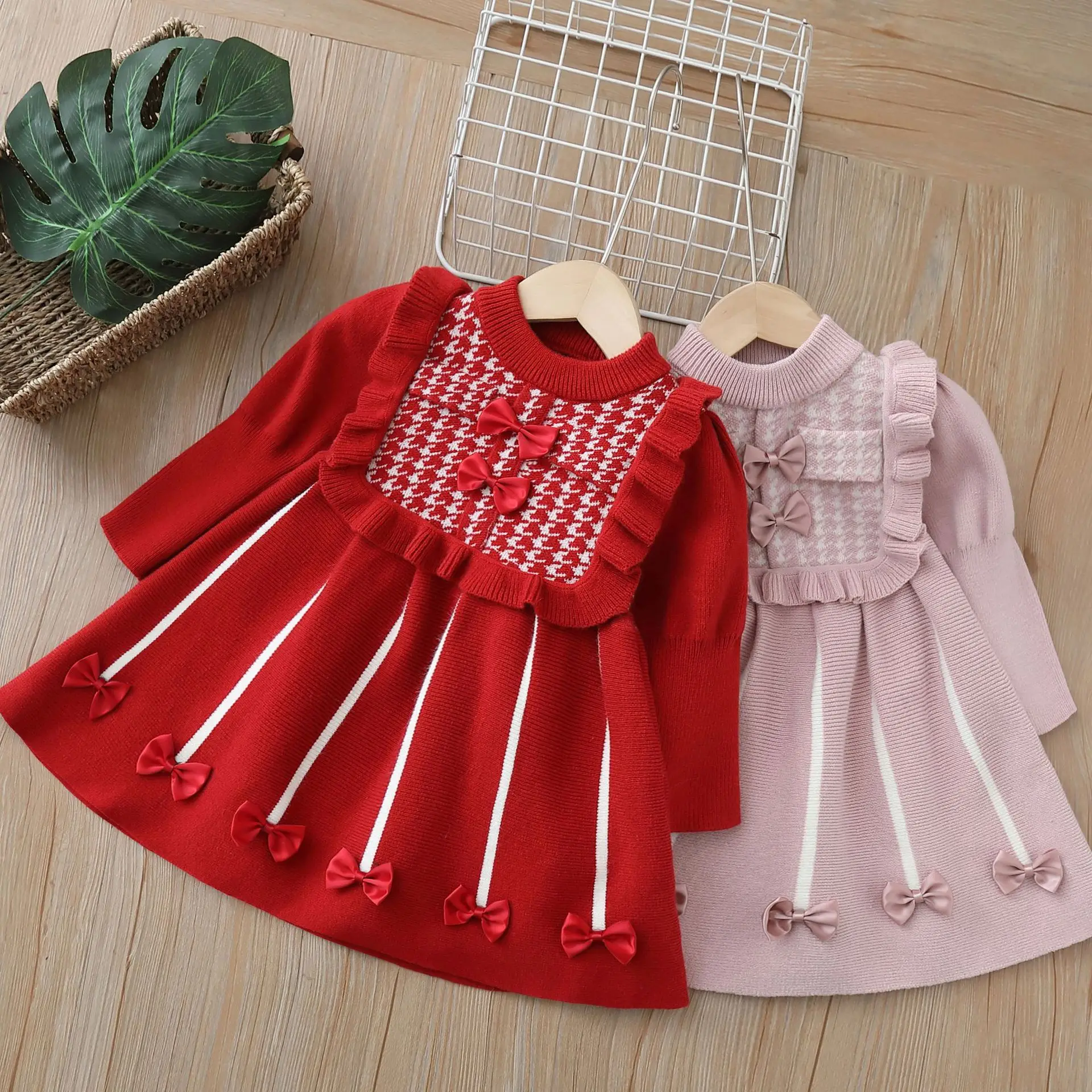 Children\'s Sweaters Bow Sweater Dress Little Fragrance Sweet Knit Dress Baby Girl Winter Clothes Girls Dresses for 2 To 6 Years