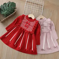 Children's Sweaters Bow Sweater Dress Little Fragrance Sweet Knit Dress Baby Girl Winter Clothes Girls Dresses for 2 To 6 Years