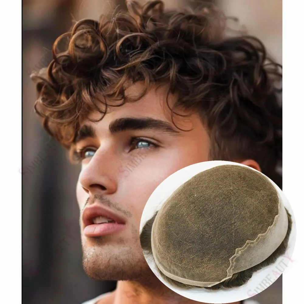

24mm Curly Light Brown Blonde Grey Natural Hairline French Lace Front Men's Toupee 100% Human Hair Replacement System Prosthesis