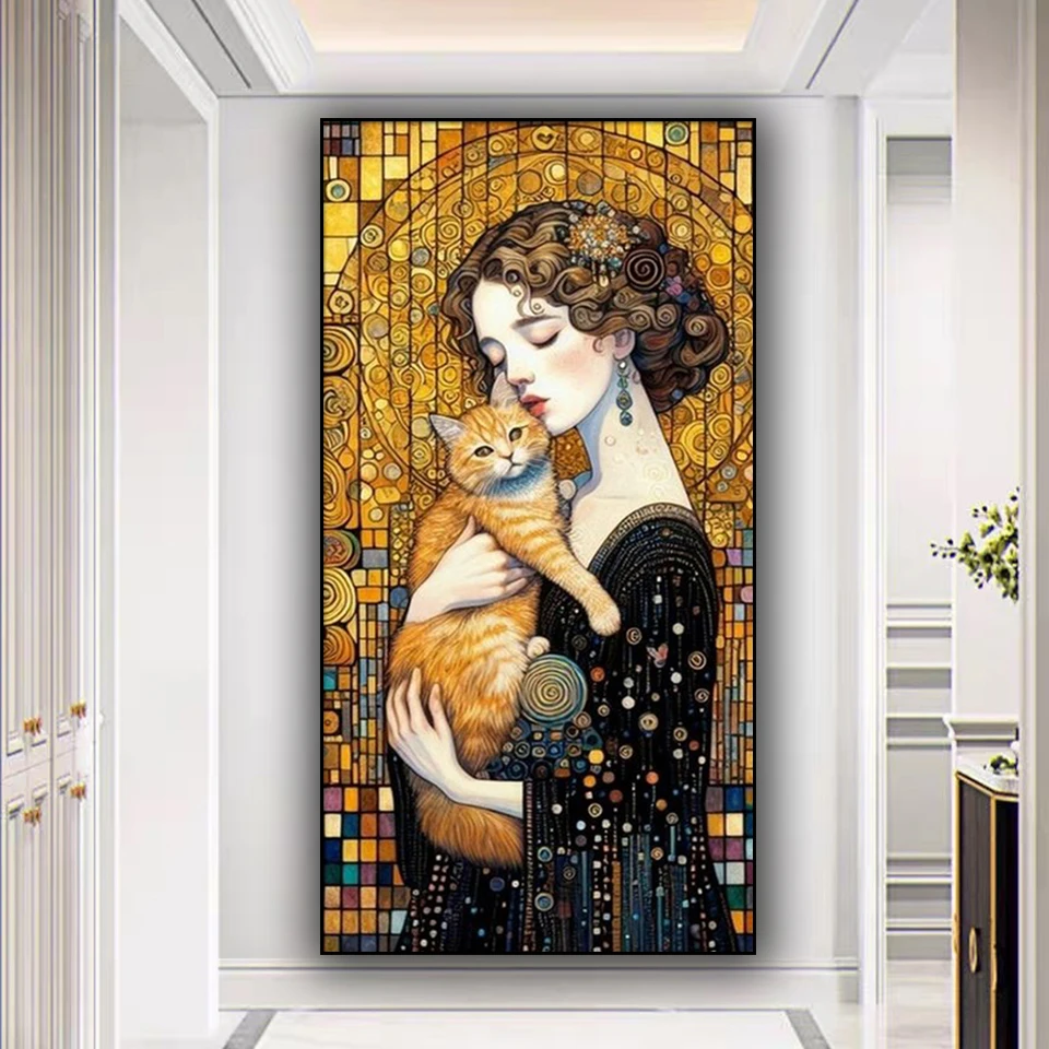 Pintura de diamantes de gato y mujer dorada, bordado de diamantes redondo y cuadrado completo, Animal y Lady Diy, regalo hecho a mano, decoración del hogar, 2025