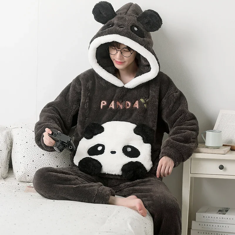 Animal Panda Men Pijama Set Winter Thicken Soft Sleepwear Hooded Pyjama Male Pajama Sets Coral Velvet Men Pajamas Warm Homewear