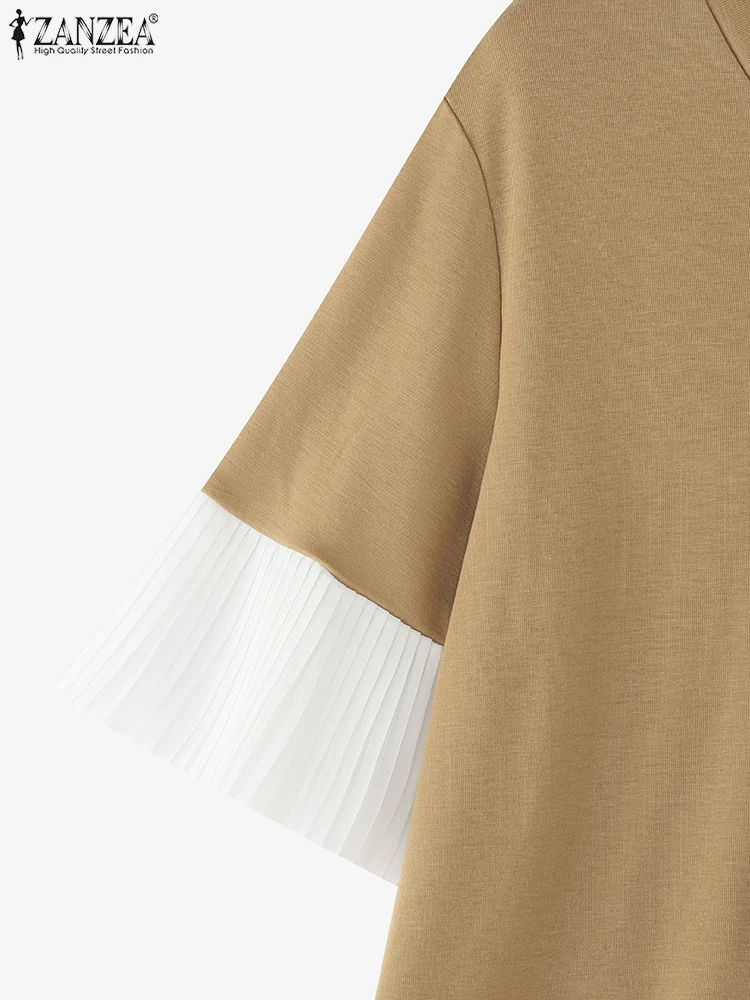 ZANZEA Kleurblokken Geplooide Trim Patchwork Blouses Vrouwen Casual V-hals Korte Mouw T-shirts Streetwear Stijlvolle Blusas Mujer