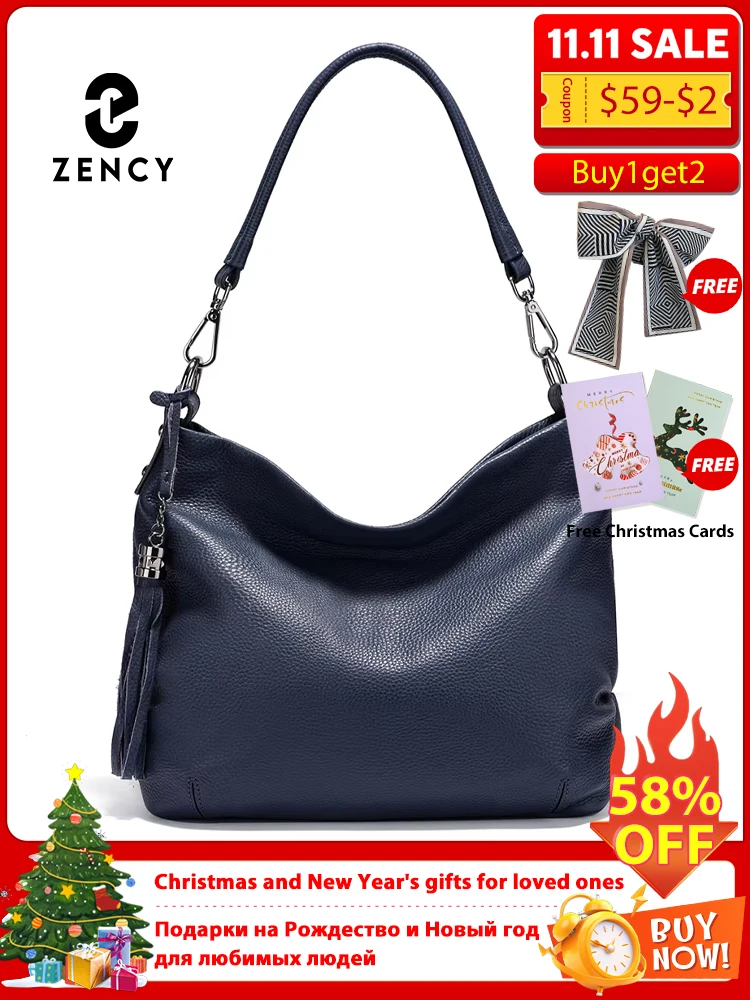 

Zency элегантная кожаная сумка для женщин, сумка через плечо из 100% яловой кожи, сумка через плечо, большая вместительная сумка-хобо с кисточками