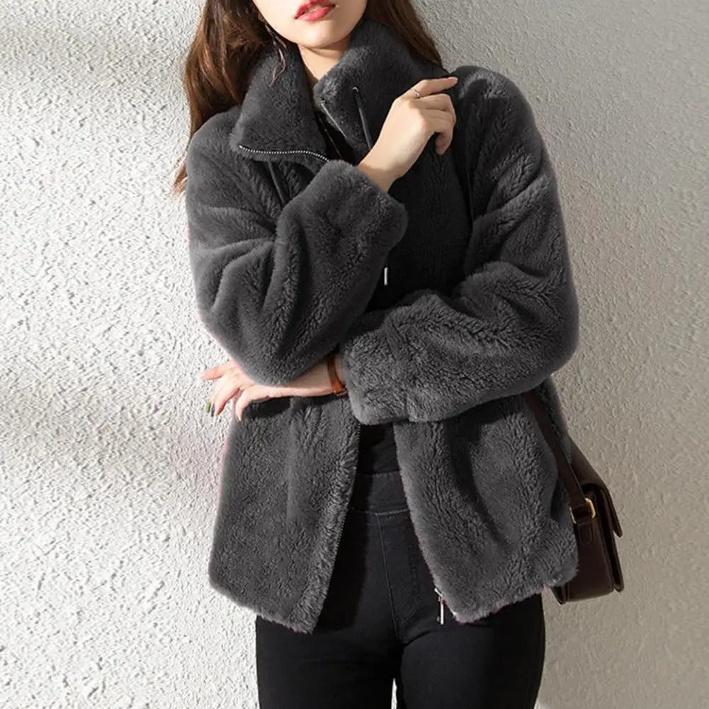 Chic Women Winter Jacket Thermal Winter Coat Zipper Placket Pure Color Women Winter Coat  Drawstring